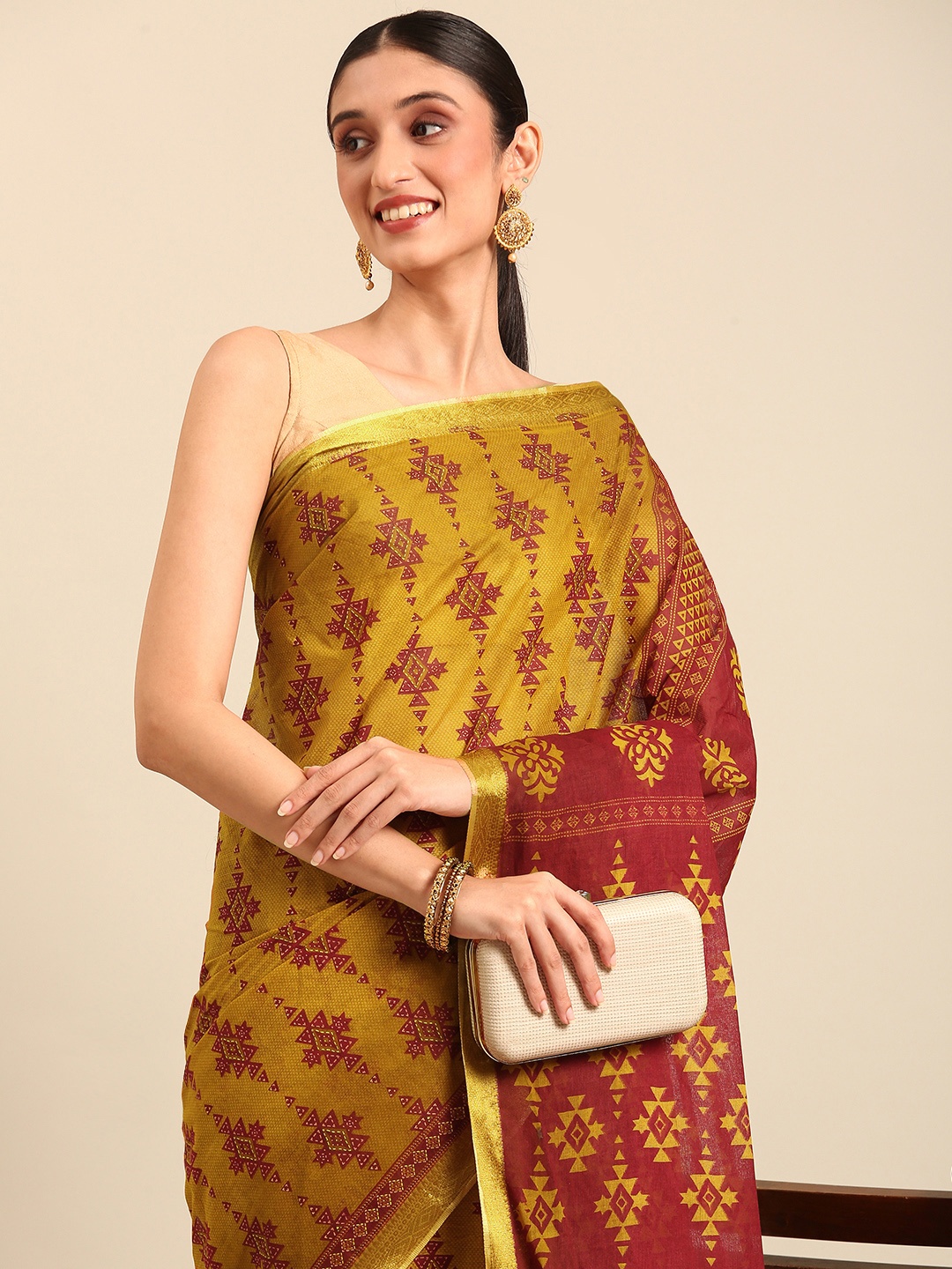 

SHANVIKA Printed Zari Pure Cotton Saree, Mustard