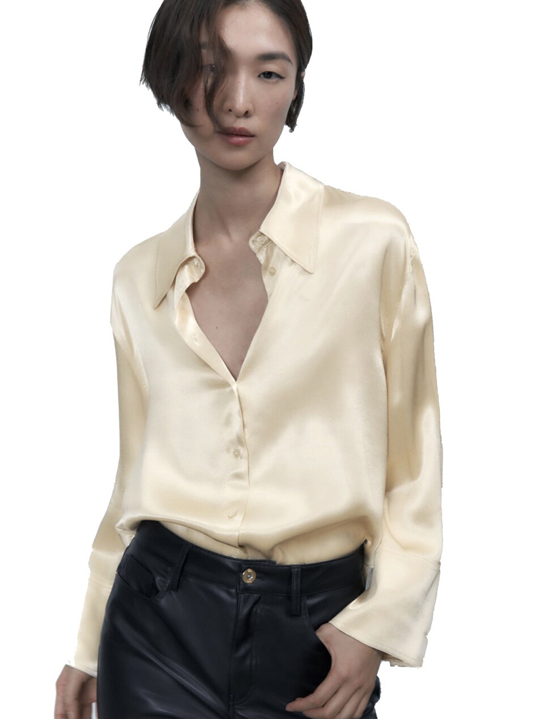 

BAESD Spread Collar Casual Satin Shirt, Cream