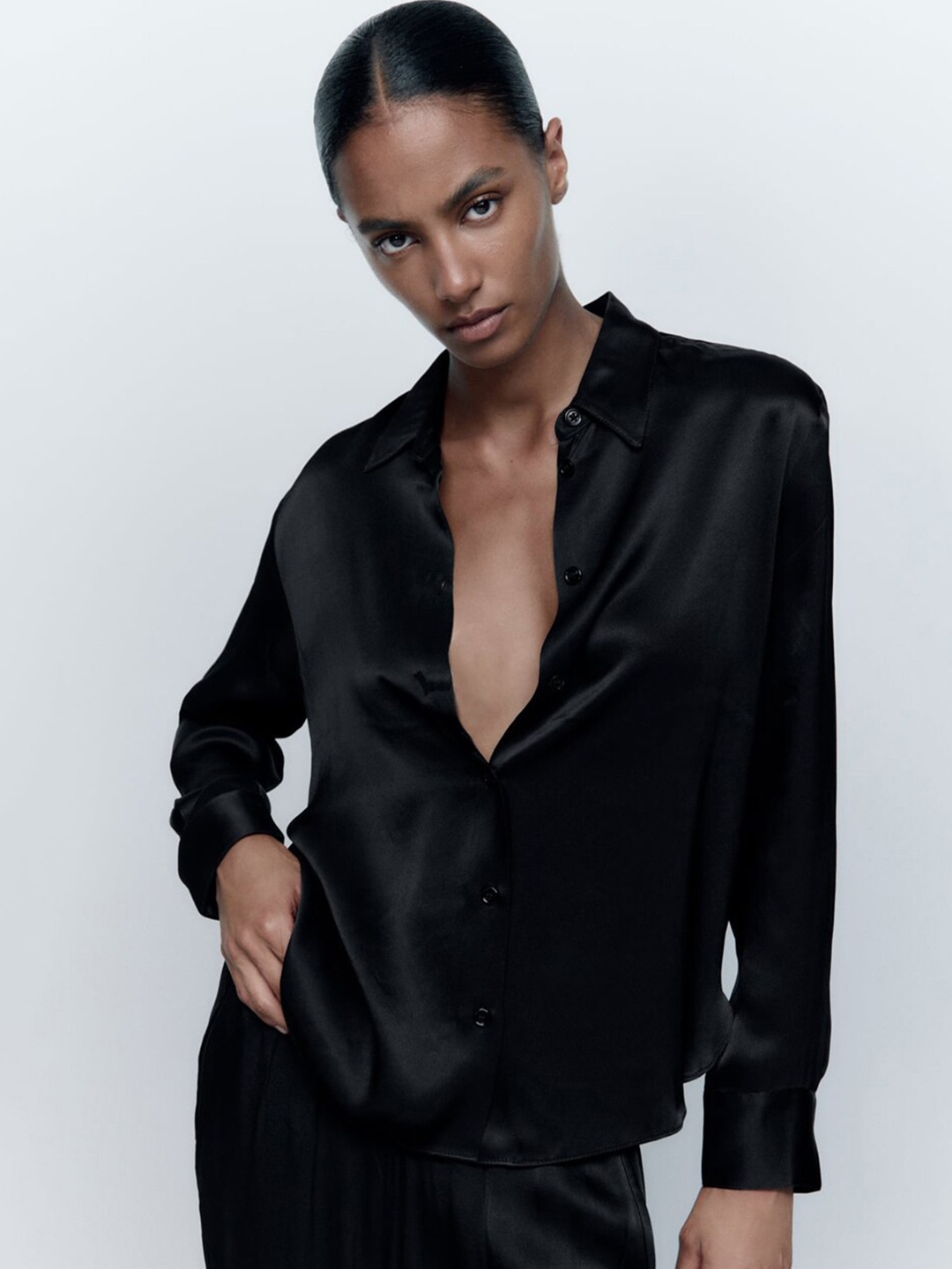 

BAESD Spread Collar Opaque Party Satin Shirt, Black