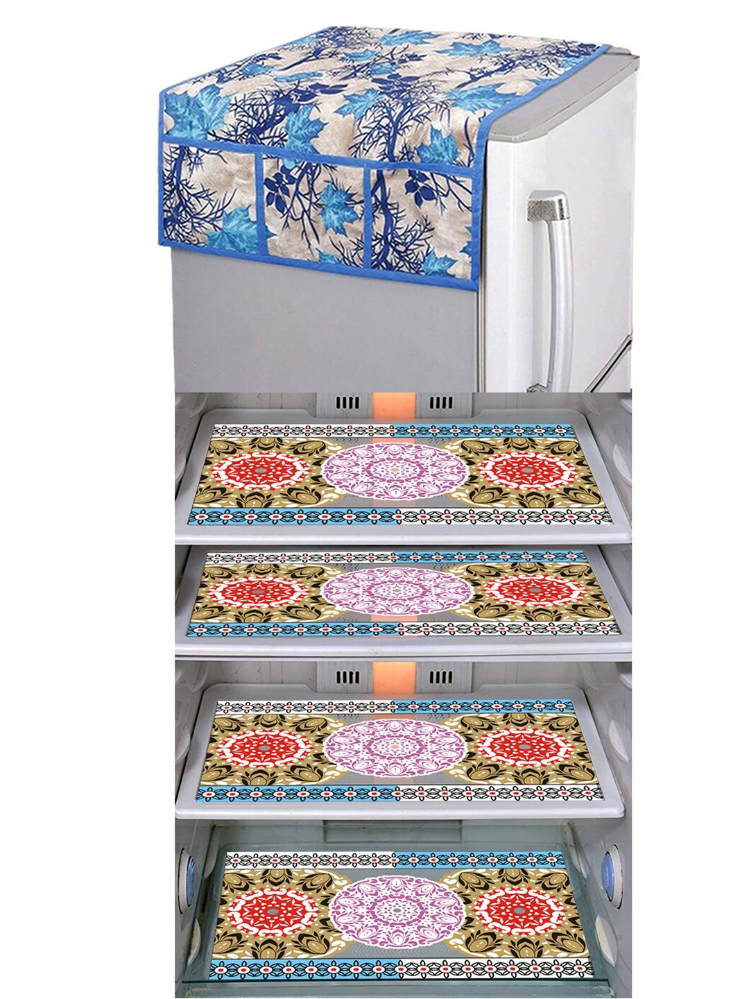

Dakshya Industries 5 Pieces Blue & Red Printed Fridge Covers & Mat