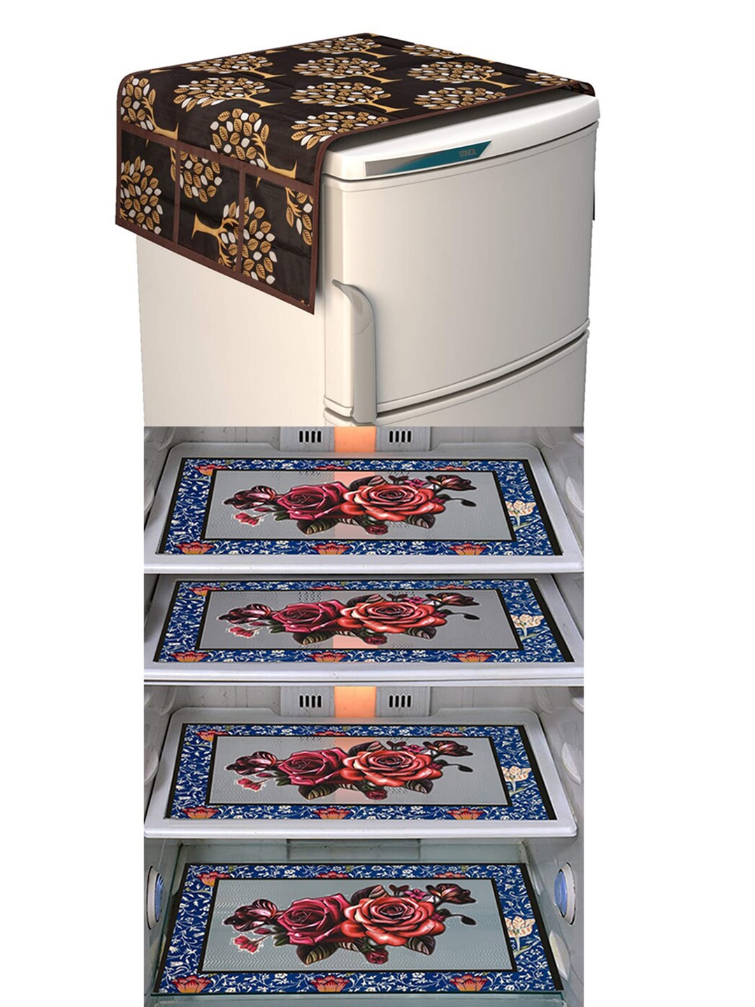 

Dakshya Industries Blue & Brown 5 Pieces Printed Fridge Cover & Mats