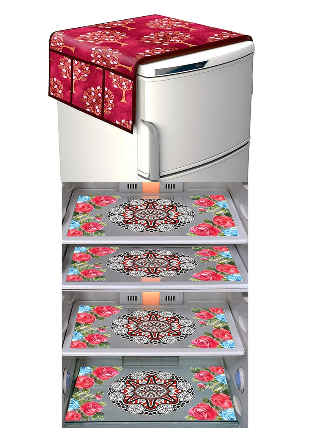 

Dakshya Industries 5 Pieces Pink & Maroon Printed Refrigerator Covers