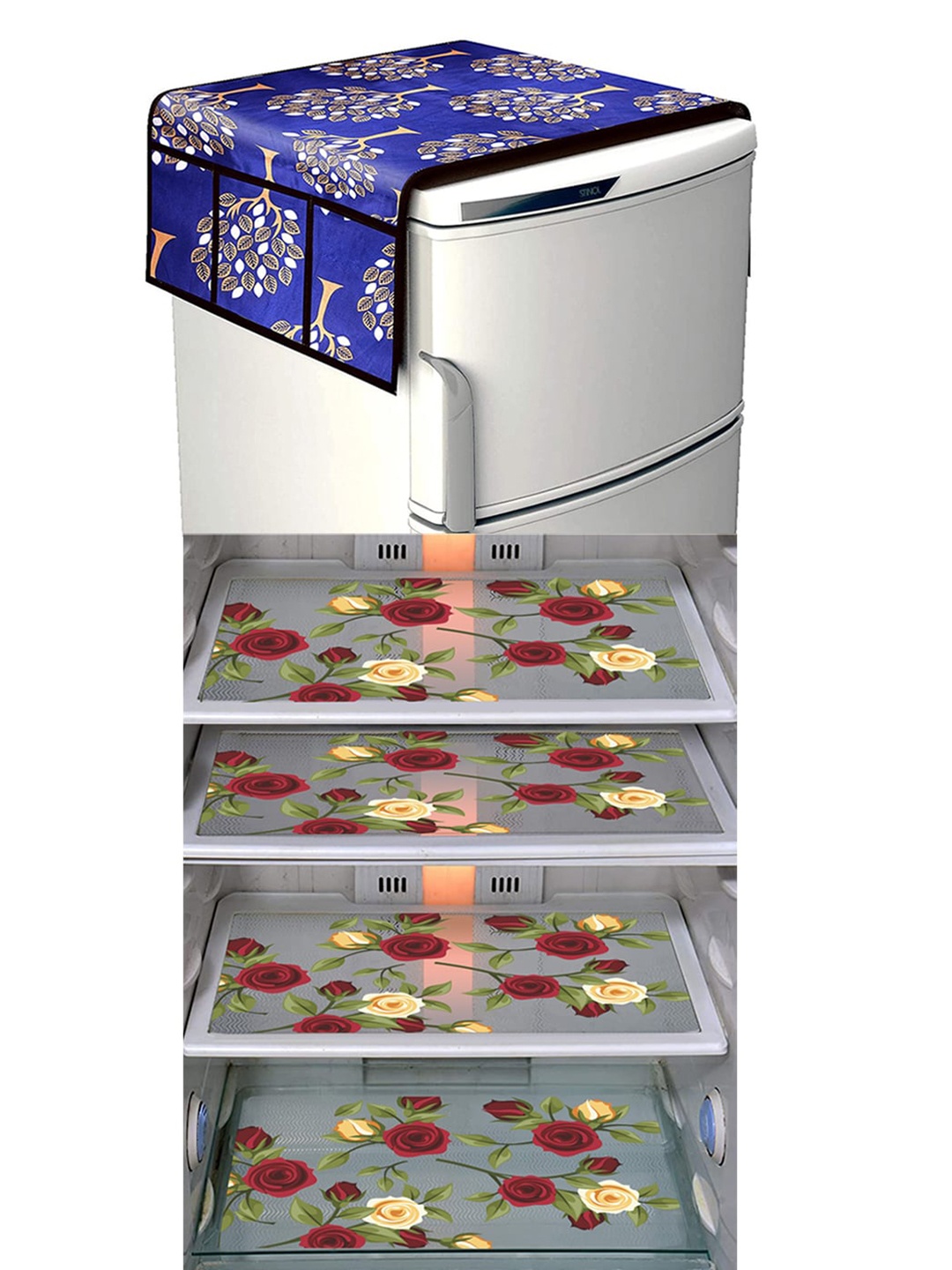 

Dakshya Industries Blue & Maroon 5 Pieces Printed Fridge Covers & Mat, Beige