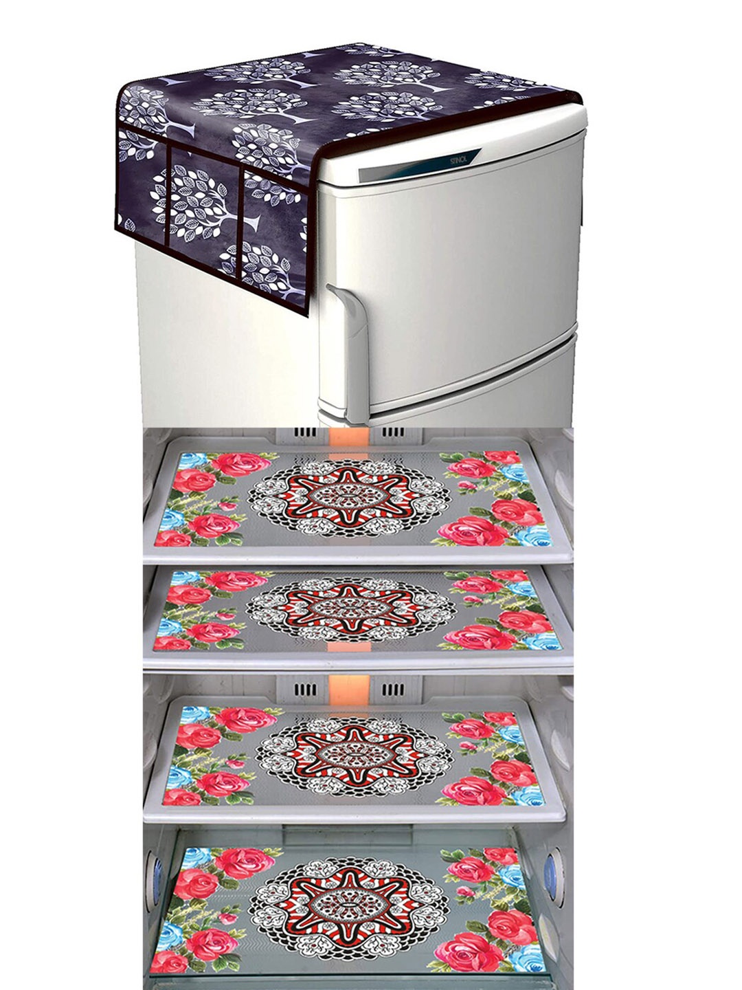 

Dakshya Industries Grey & Pink 5 Pieces Printed Refrigerator Covers
