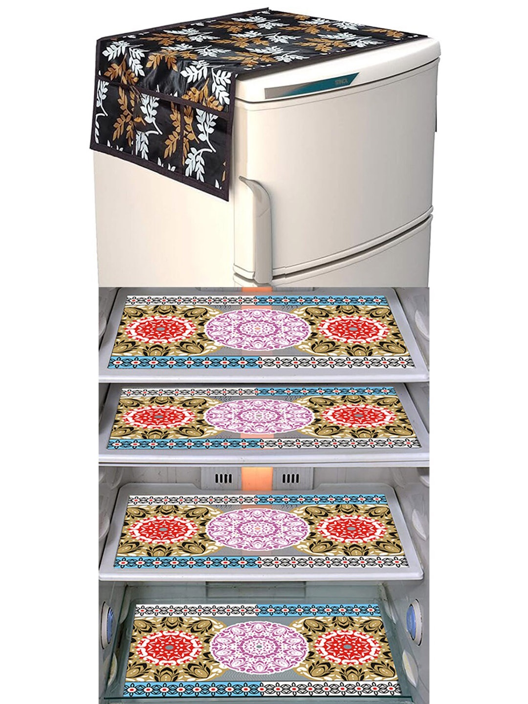 

Dakshya Industries 5 Pieces Maroon & Pink Printed Refrigerator Covers, Brown