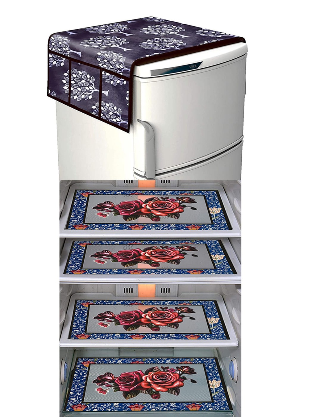 

Dakshya Industries Grey & Maroon 5 Pieces Printed Fridge Cover & Mats