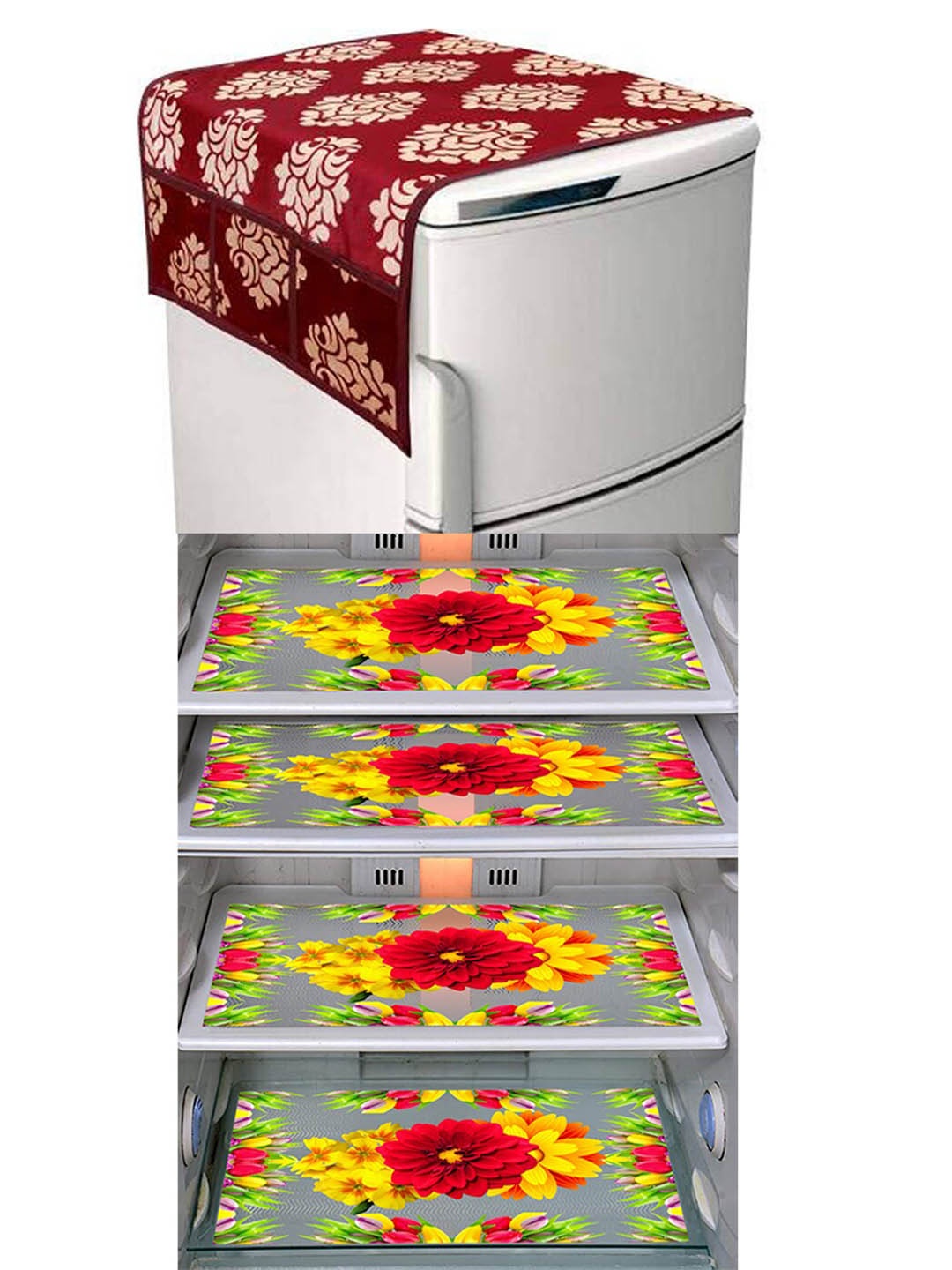 

Dakshya Industries FC 5 Pieces Yellow & Maroon Printed Fridge Cover & Mats