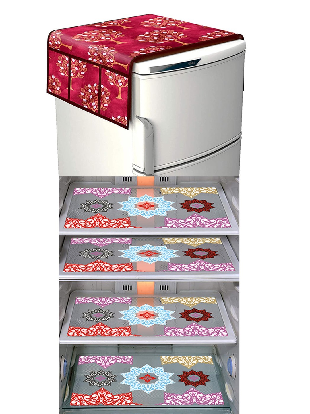 

Dakshya Industries Maroon & Pink 5 Pieces Printed Refrigerator Cover & Mats