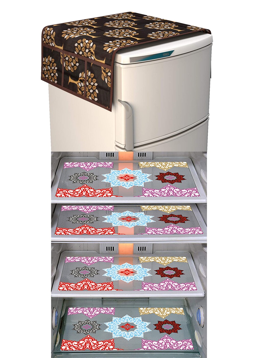 

Dakshya Industries Grey & Brown 5 Pieces Printed Fridge Cover & Mats