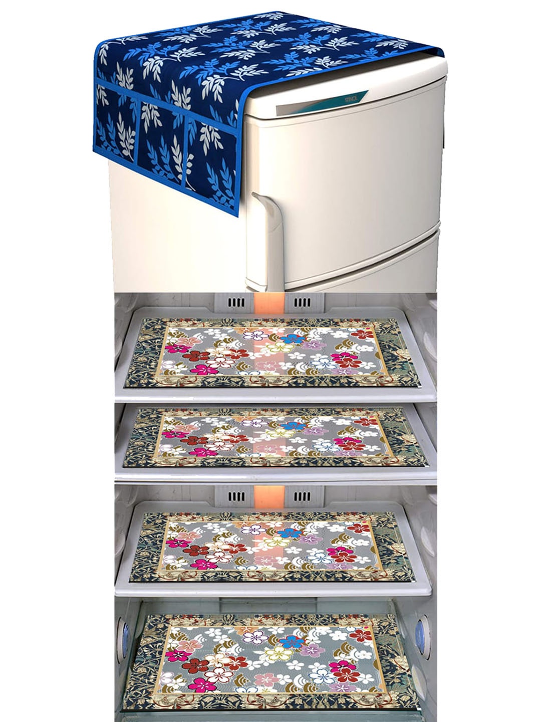 

Dakshya Industries Pink & Blue Floral Printed Waterproof Fridge Cover With 3 Fridge Mats