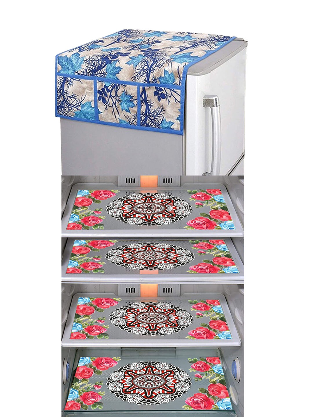 

Dakshya Industries Pink & Blue 5 Pieces Printed Fridge Cover & Mats