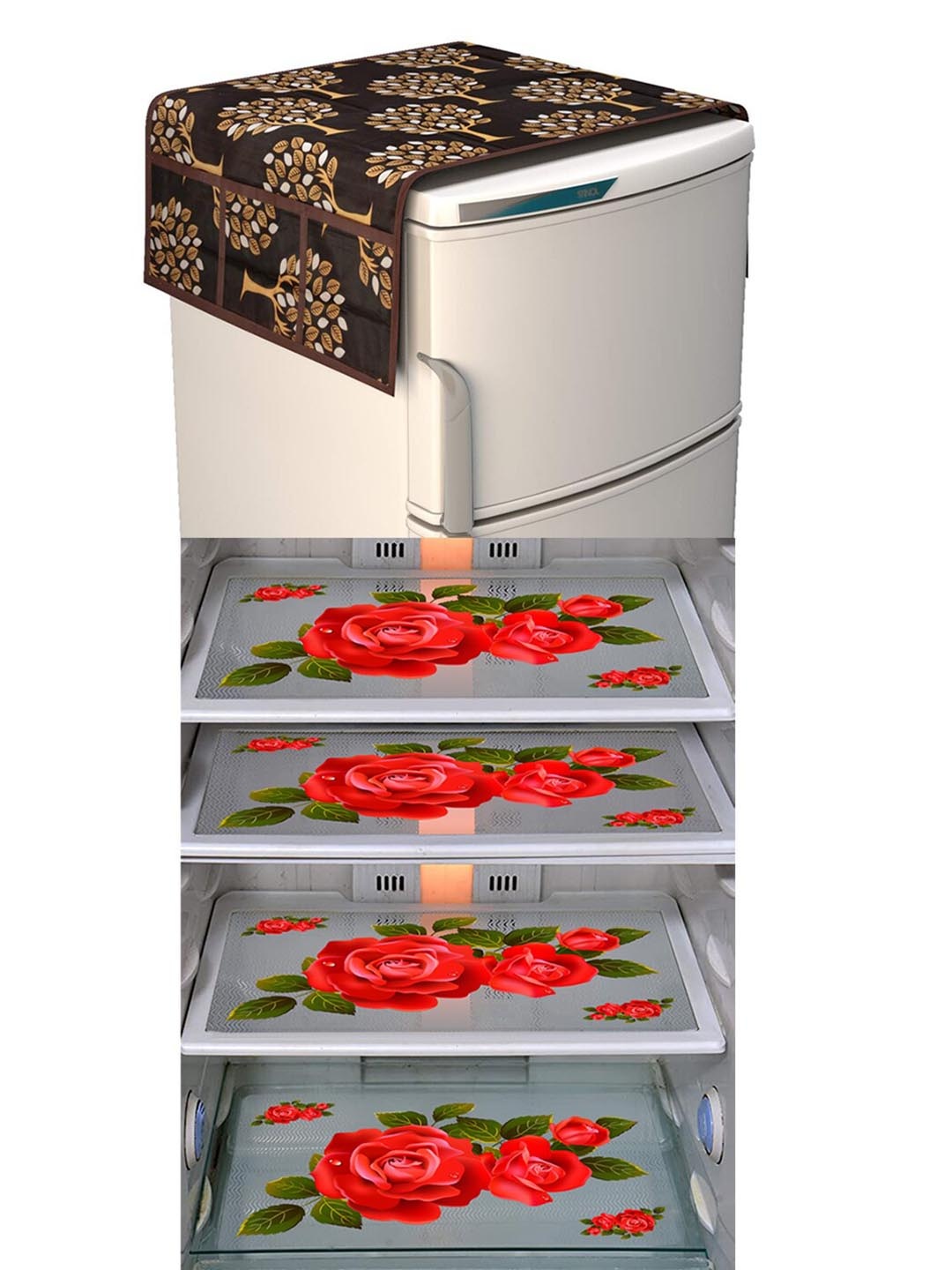 

Dakshya Industries Red and Brown Printed Refrigerator Covers With Mat