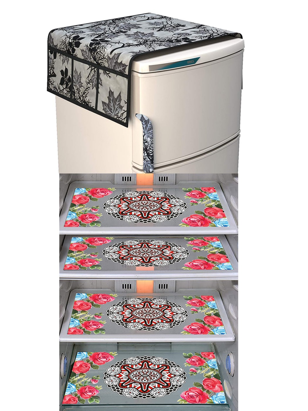 

Dakshya Industries Pink & Black 5 Pieces Printed Fridge Cover & Mats