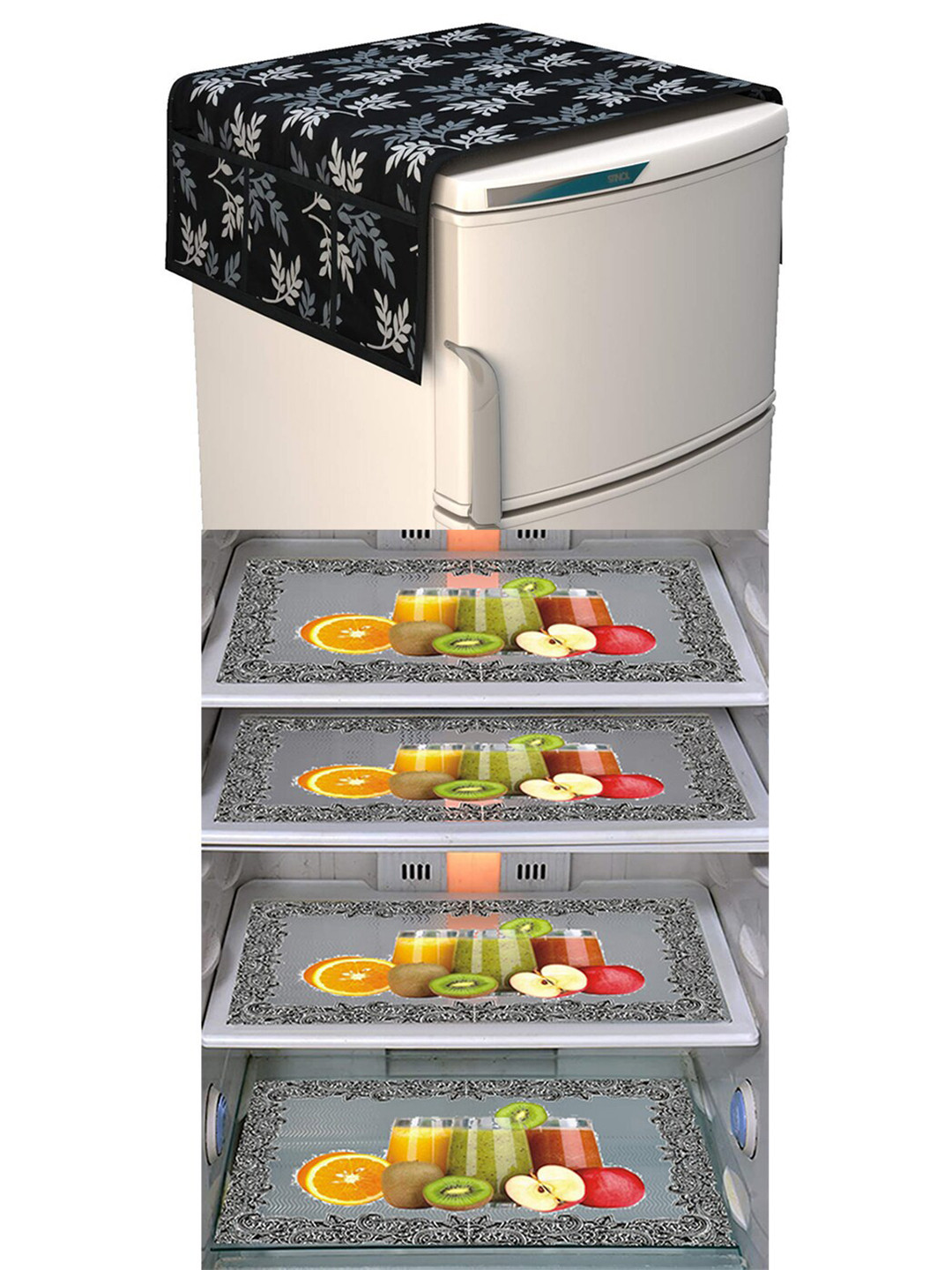 

Dakshya Industries Yellow & Black 5 Pieces Printed Fridge Cover & Mats