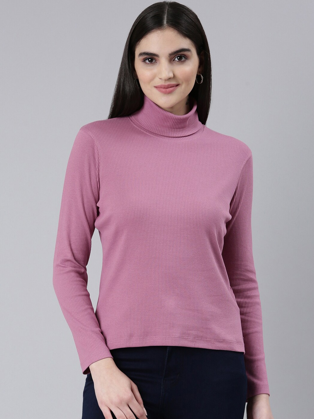 

TWIN BIRDS Turtle Neck Ribbed Tshirt, Pink
