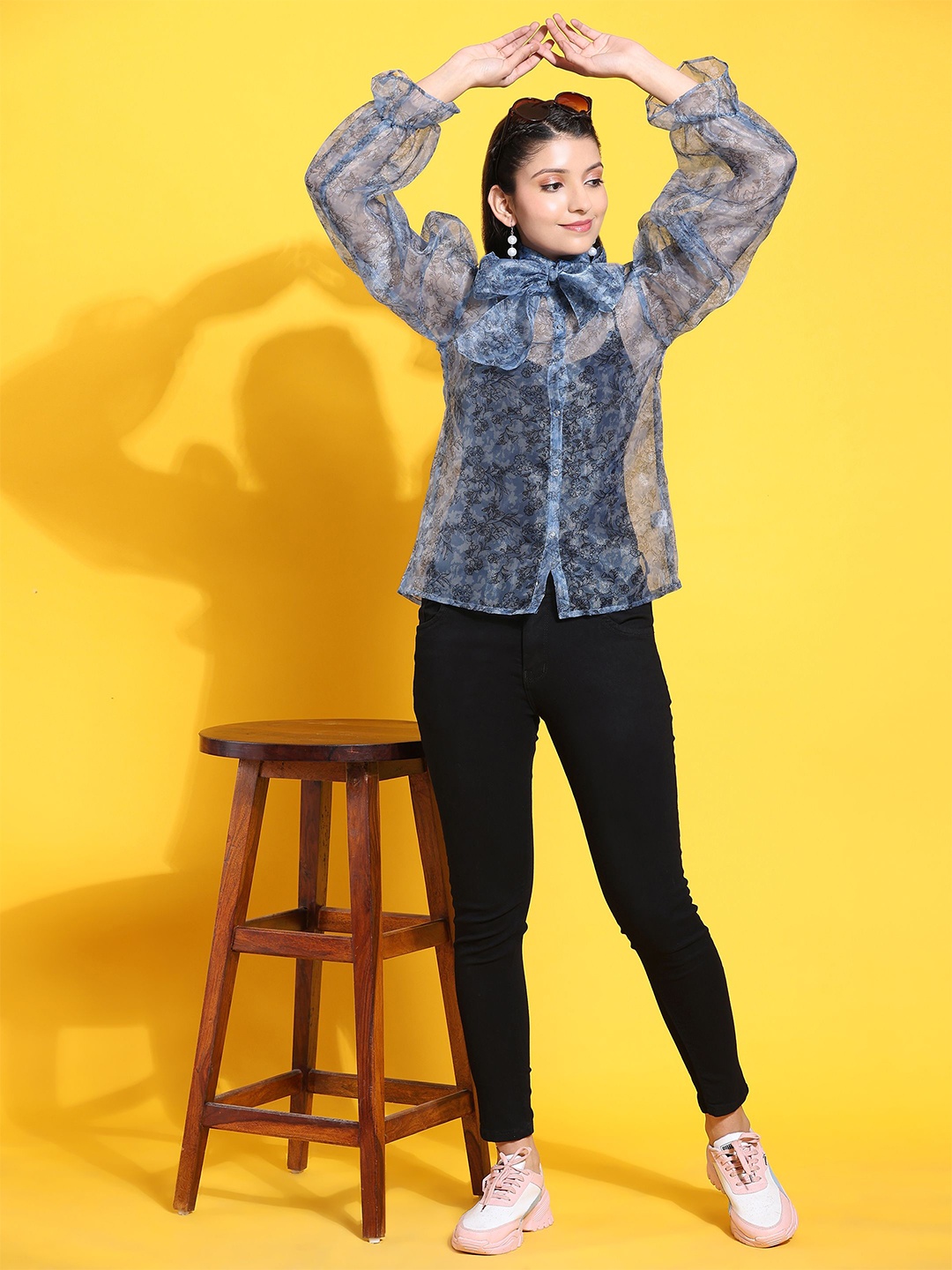 

Phenav Floral Printed Organza Sheer Casual Shirt, Blue