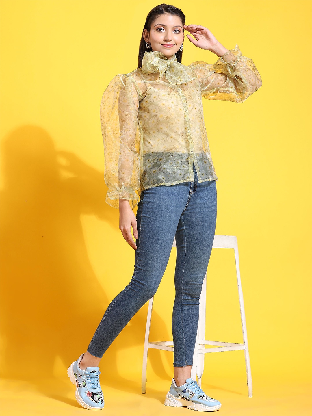 

Phenav Floral Printed Organza Sheer Casual Shirt, Green
