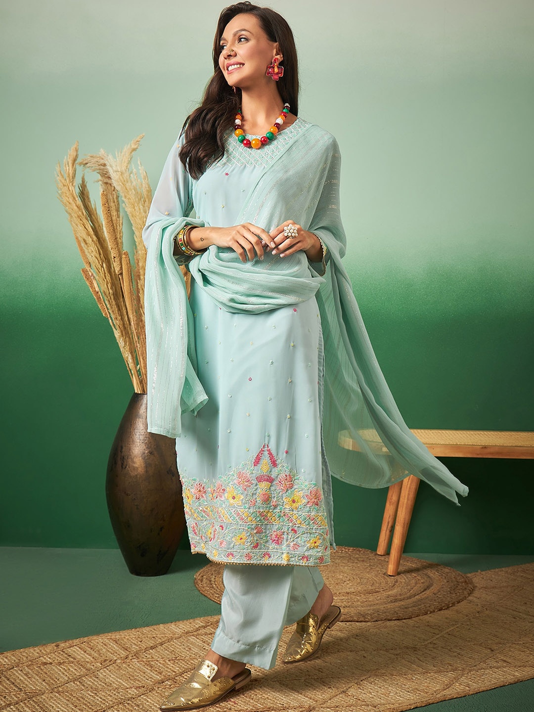 

Sangria Embroidered Straight Kurta With Trouser & Dupatta Set, Blue