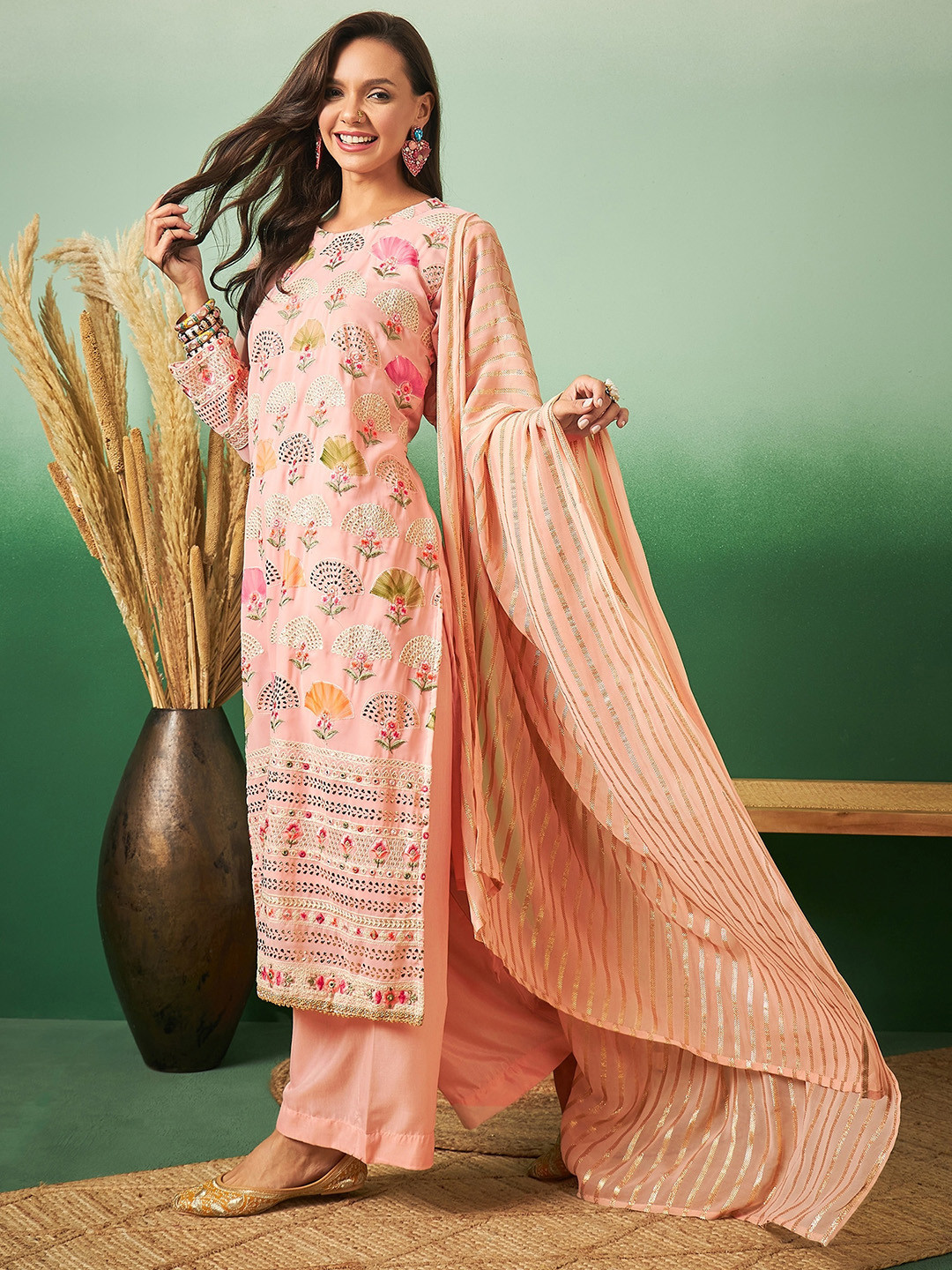 

Sangria Embroidered Straight Kurta With Palazzo & Dupatta Set, Peach