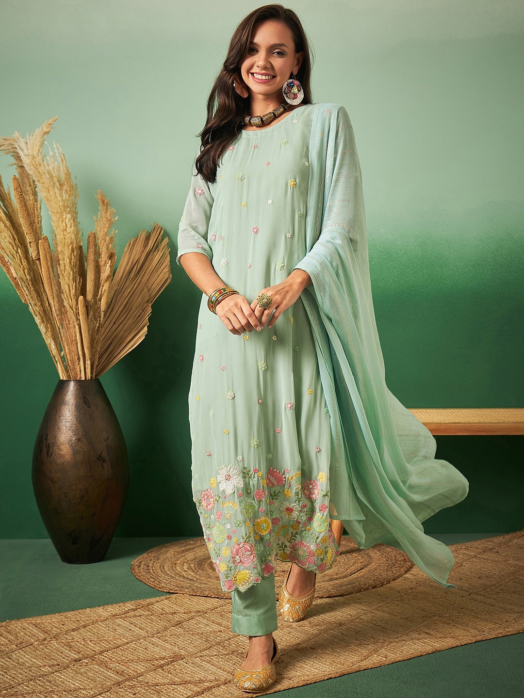 

Sangria Embroidered Straight Kurta With Trouser & Dupatta Set, Blue