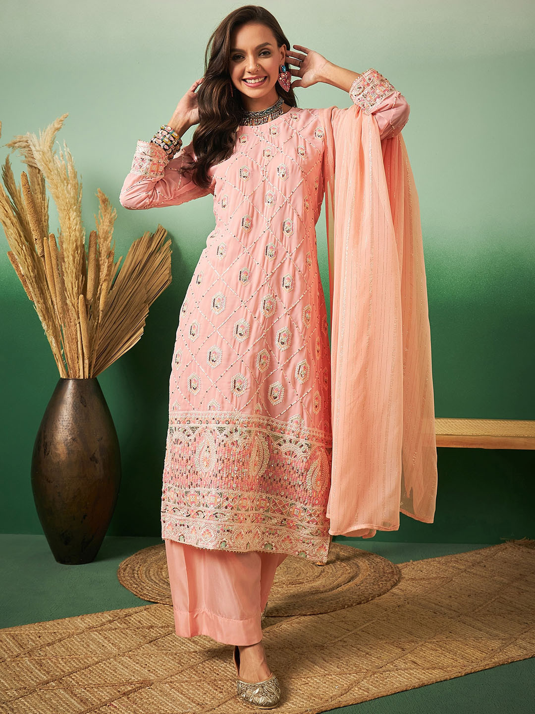 

Sangria Embroidered Straight Kurta With Palazzo & Dupatta Set, Peach