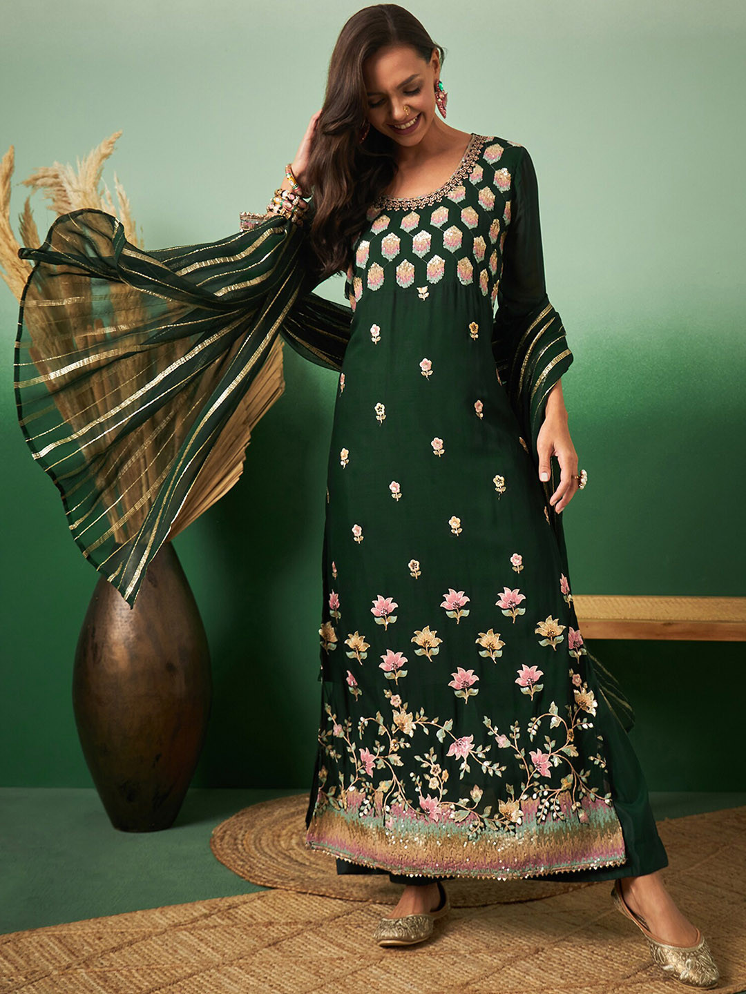 

Sangria Embroidered Straight Kurta With Palazzo & Dupatta Set, Green