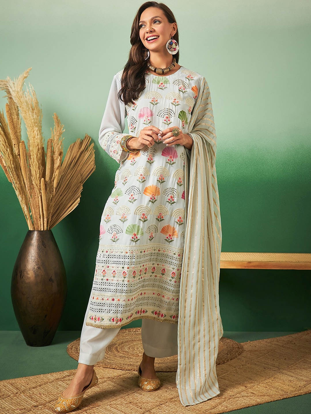 

Sangria Embroidered Straight Kurta With Palazzo & Dupatta Set, Blue