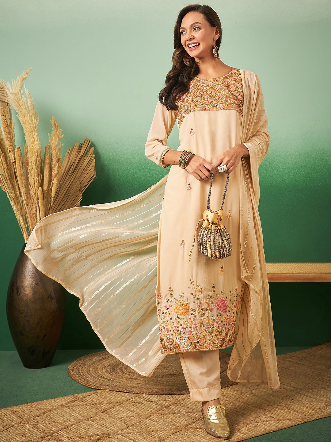 

Sangria Embroidered Straight Kurta With Trouser & Dupatta Set, Orange