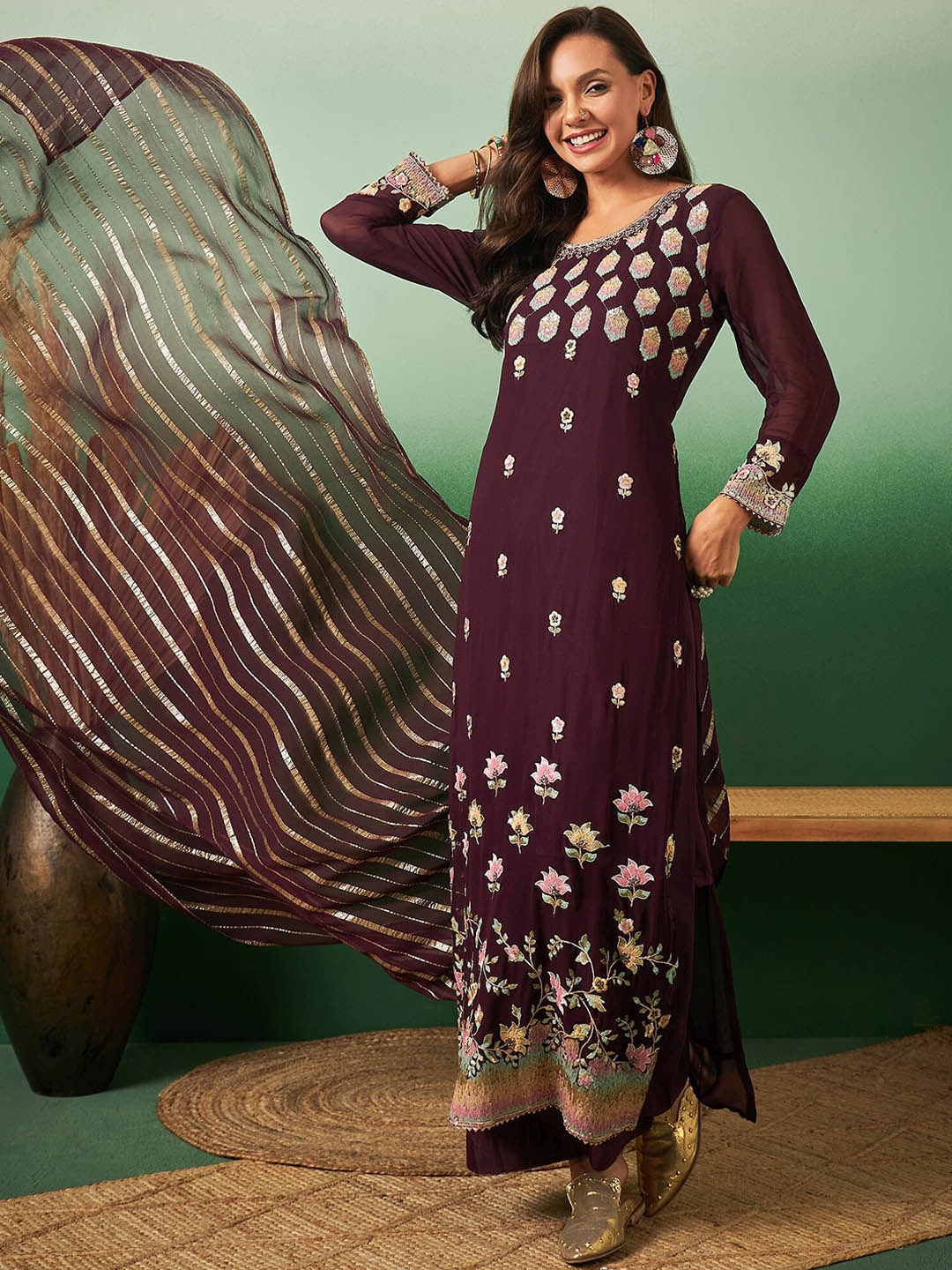 

Sangria Embroidered Straight Kurta With Palazzo & Dupatta Set, Purple