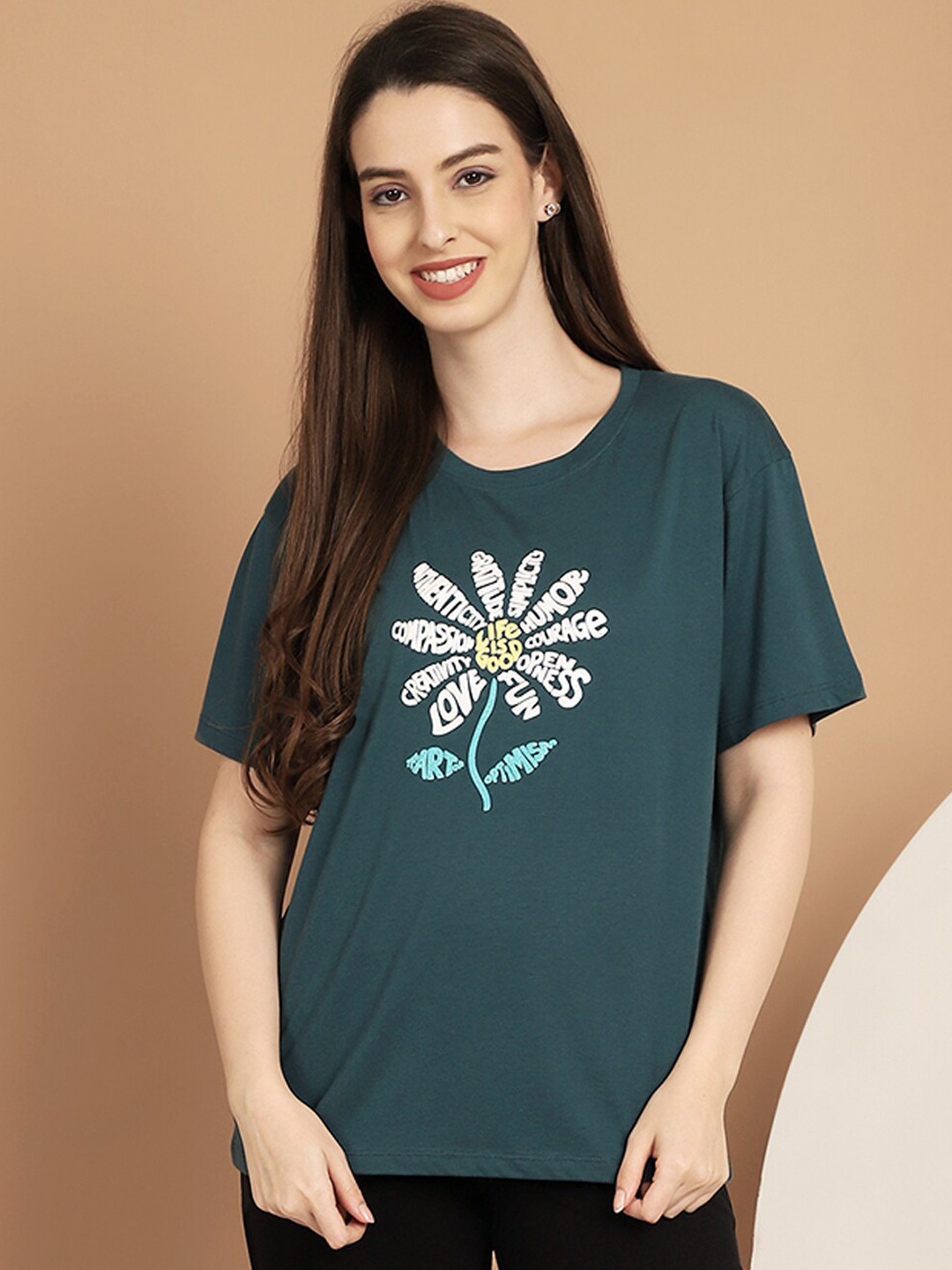 

Kanvin Teal Green Printed Round Neck Lounge Tshirts
