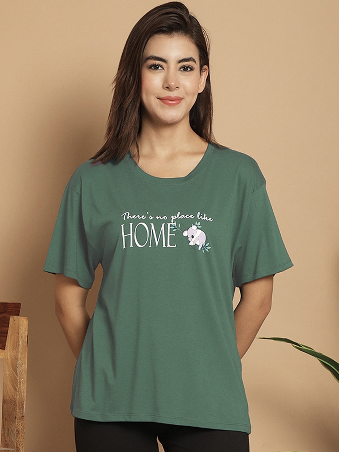 

Kanvin Teal Green & white Printed Round Neck Lounge Tshirts