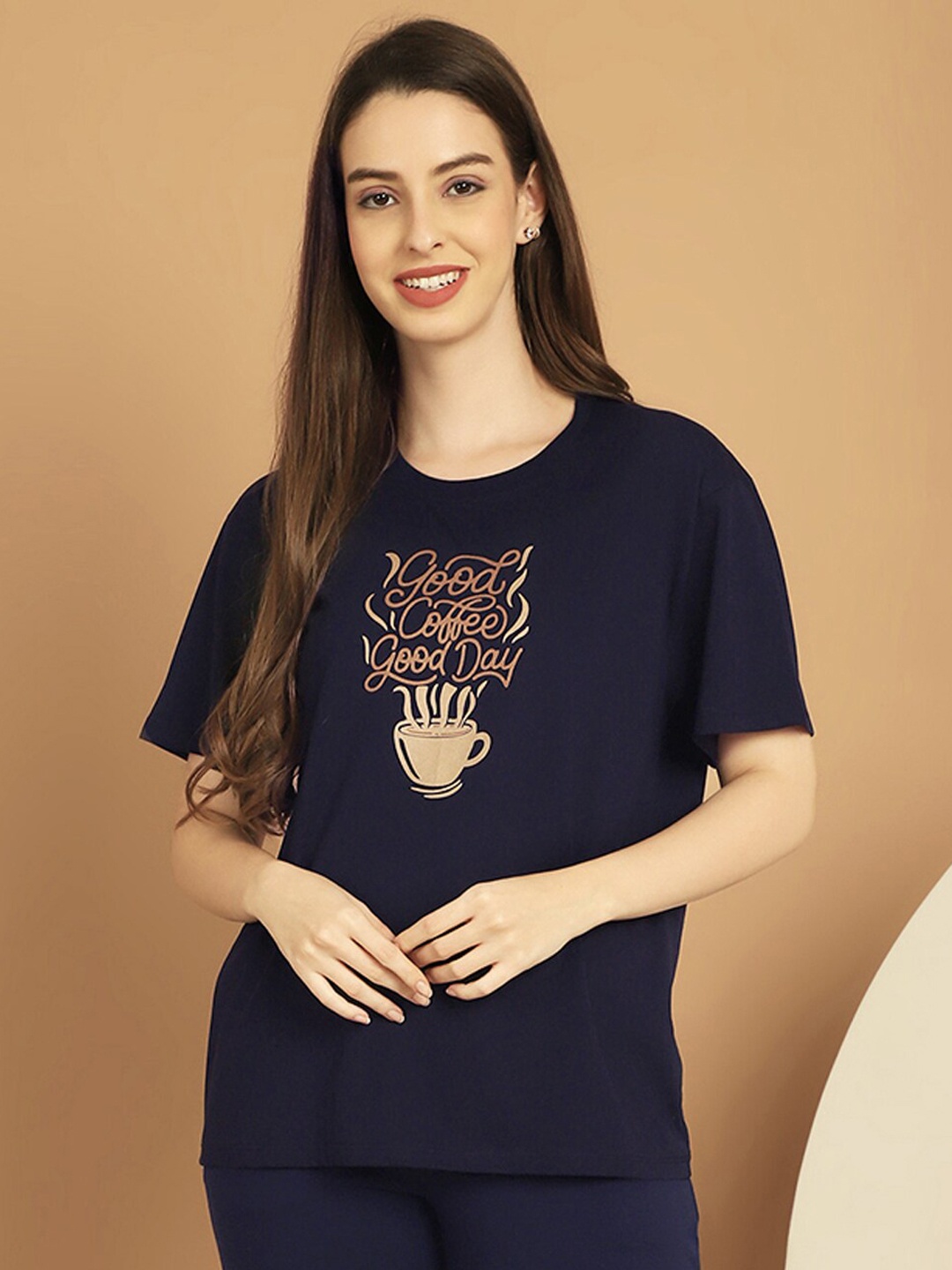 

Kanvin Navy Blue & Brown Printed Round Neck Lounge Tshirts