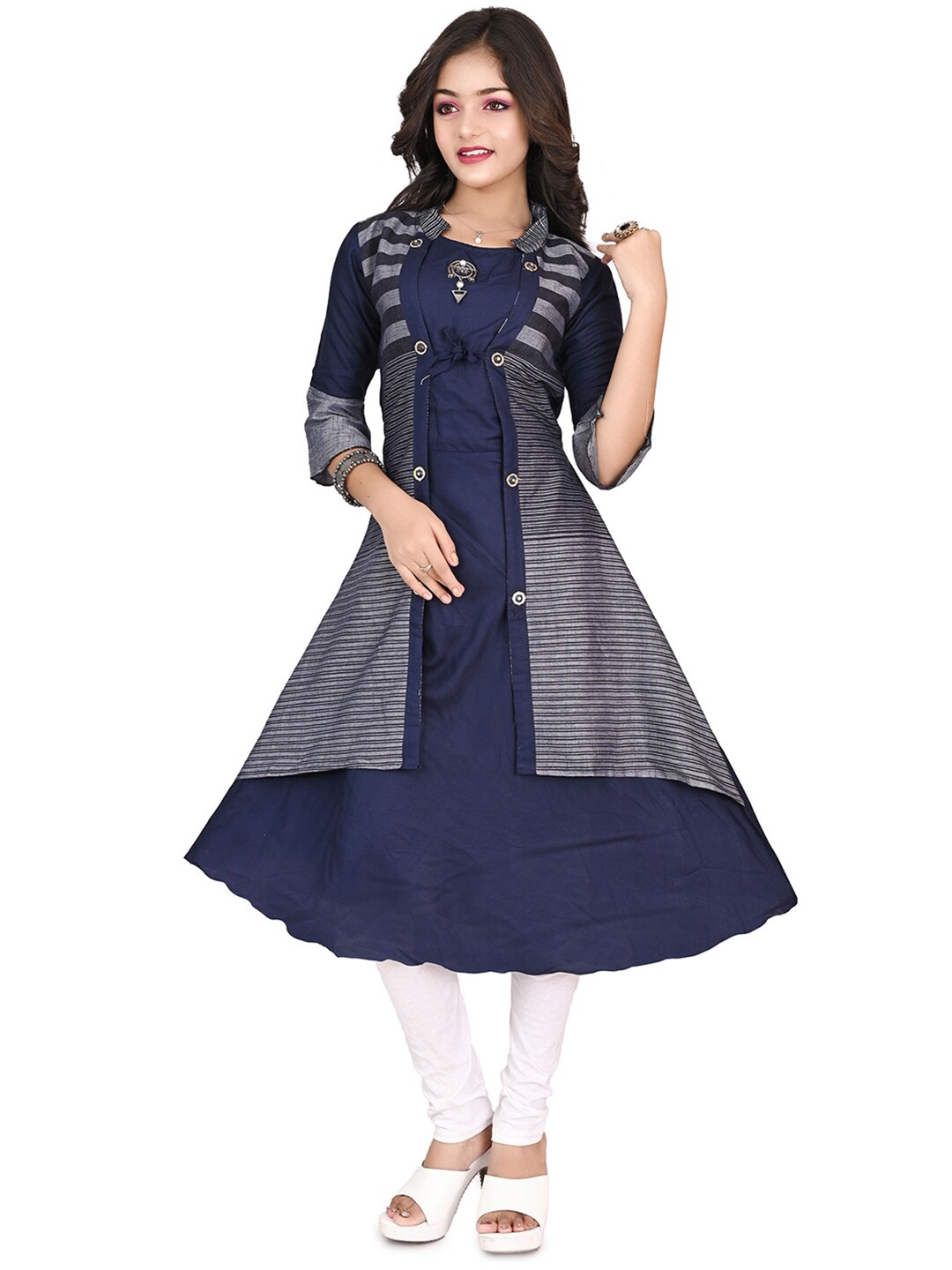 

BAESD Round Neck Tie-Ups Cotton Fit & Flare Midi Dress, Blue