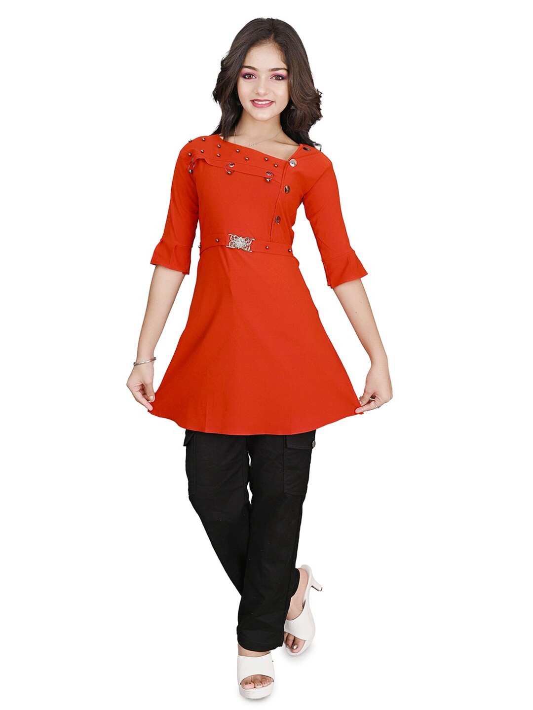 

BAESD Girls Embellished Bell Sleeves A-Line Cotton Kurta, Orange