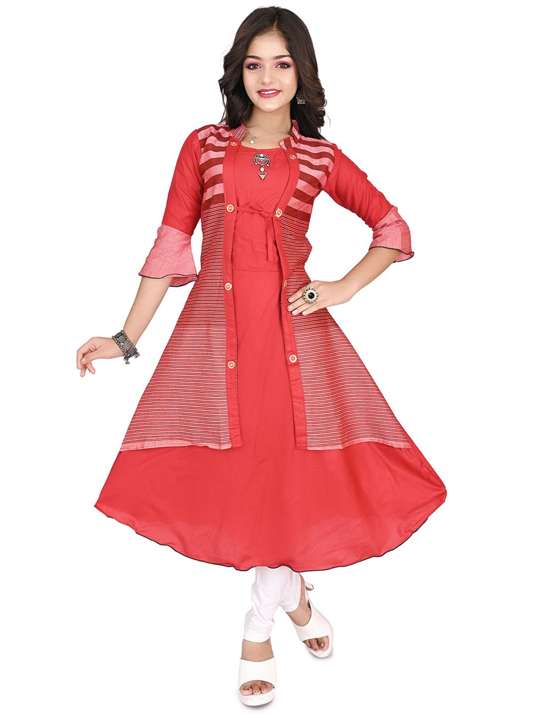 

BAESD Girls Striped Mandarin Collar Bell Sleeves A-Line Kurta, Red