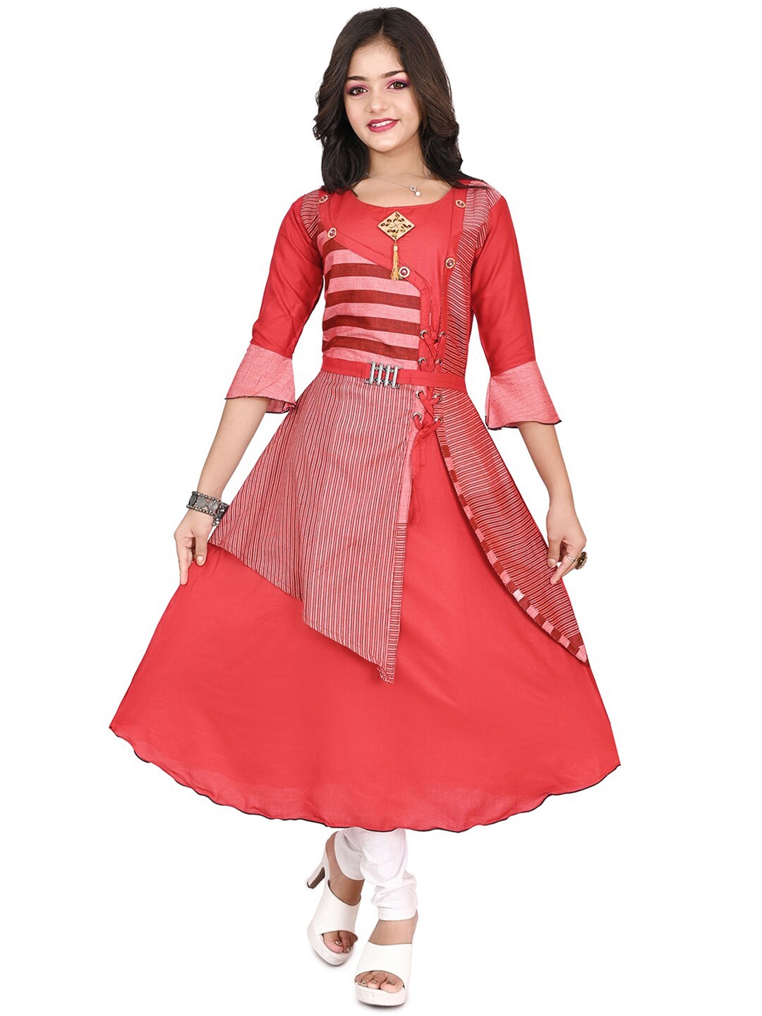 

BAESD Girls Striped Bell Sleeves A-Line Cotton Kurta, Red