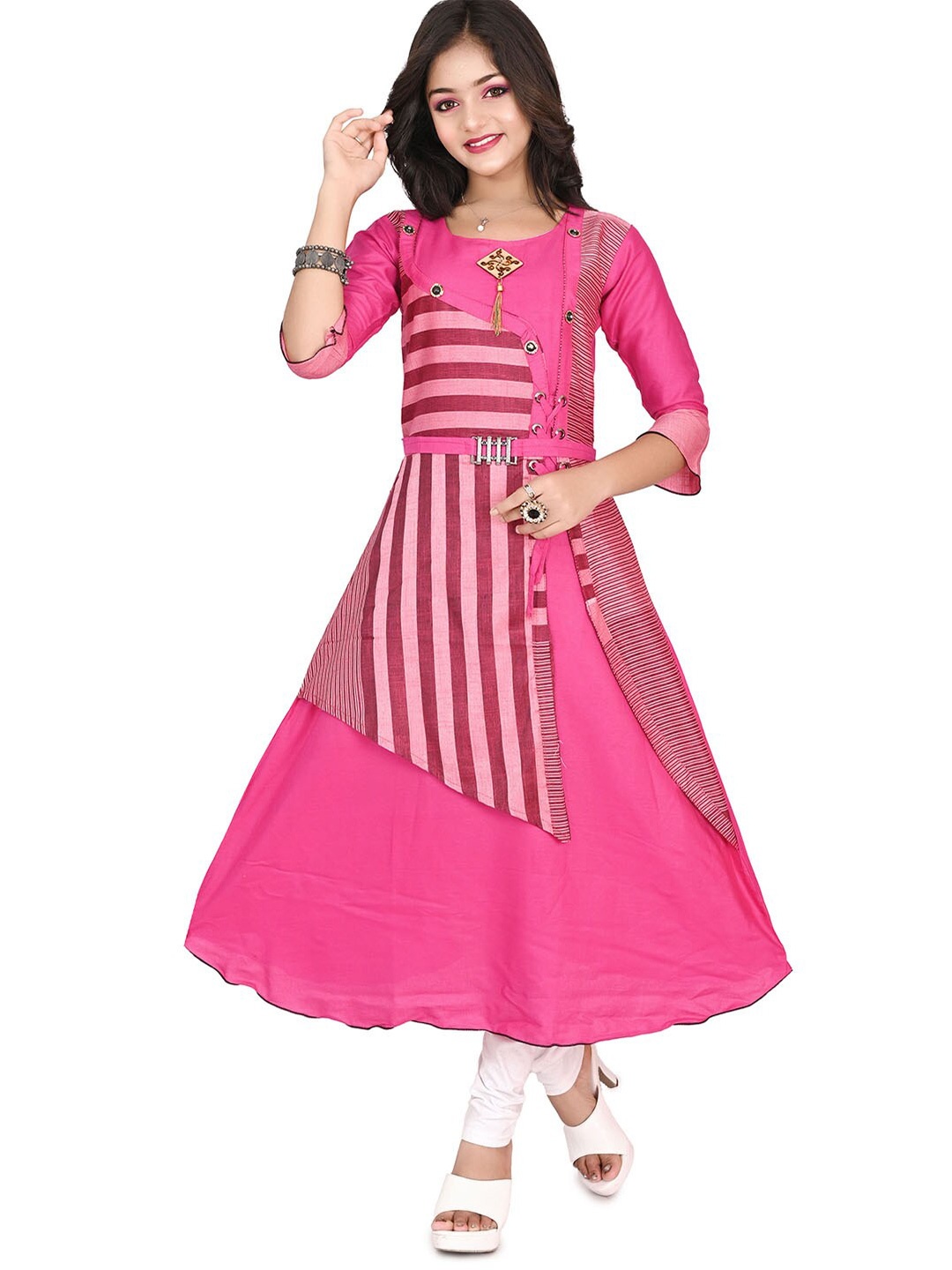 

BAESD Girls Striped Cotton A-Line Kurta, Pink