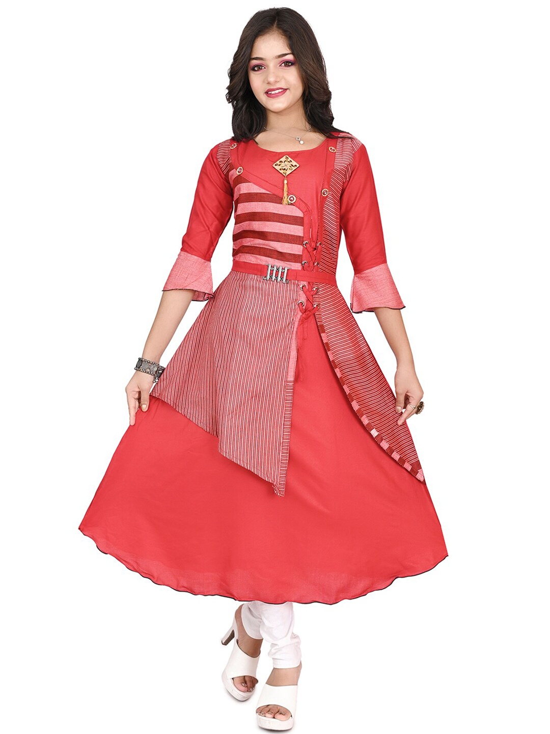 

BAESD Girls Striped Bell Sleeves A-line Cotton Kurta, Red