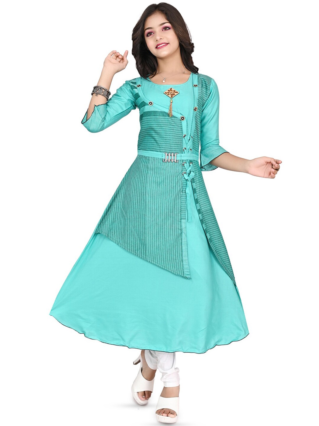 

BAESD Girls Striped Round Neck Cotton A-Line Kurta, Turquoise blue
