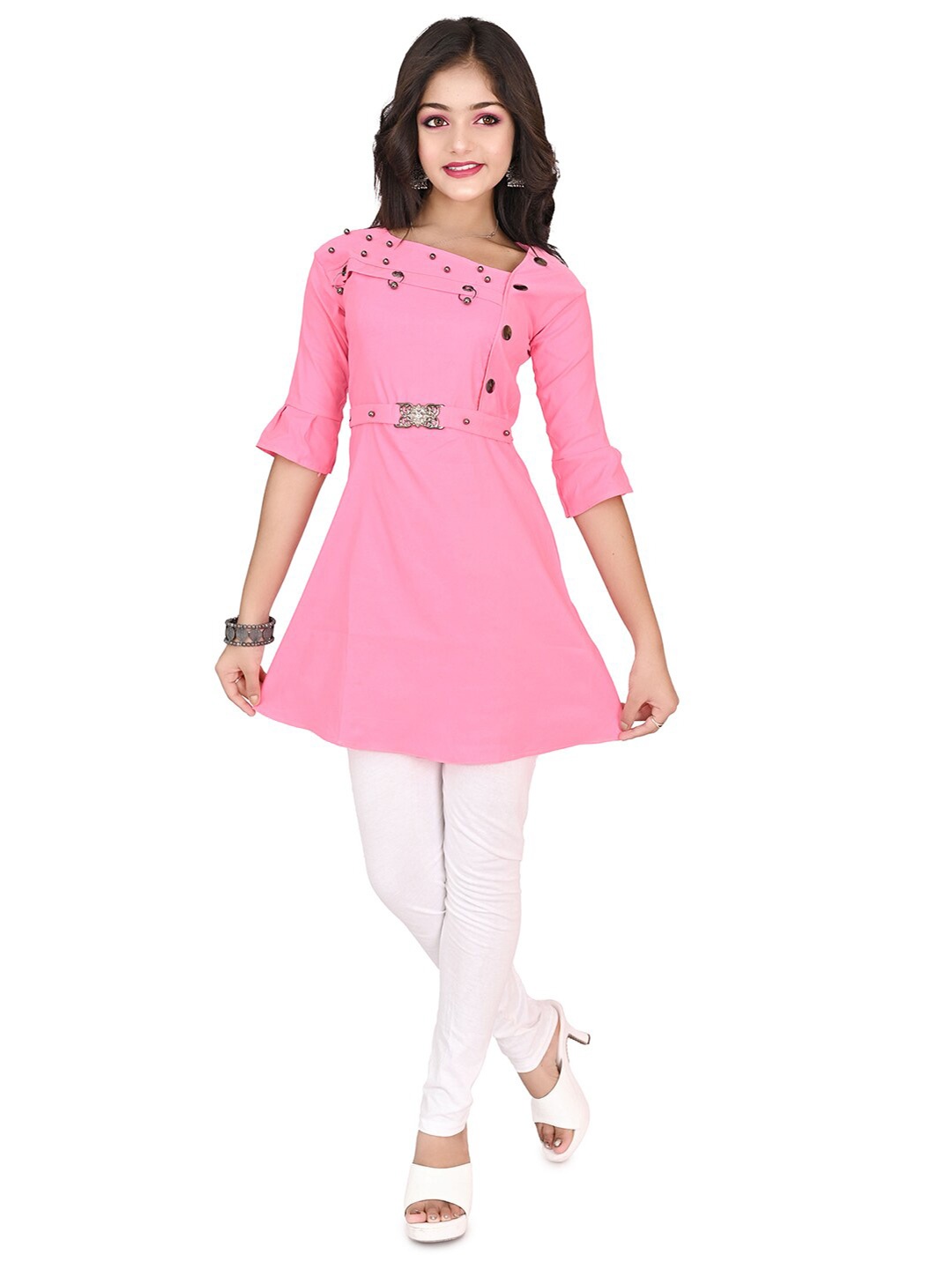 

BAESD Girls Asymmetric Neck Beaded Cotton A-Line Kurta, Pink