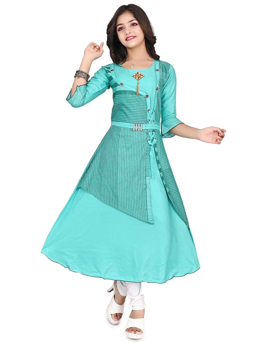 

BAESD Girls Striped Round Neck Cotton A-Line Kurta, Turquoise blue