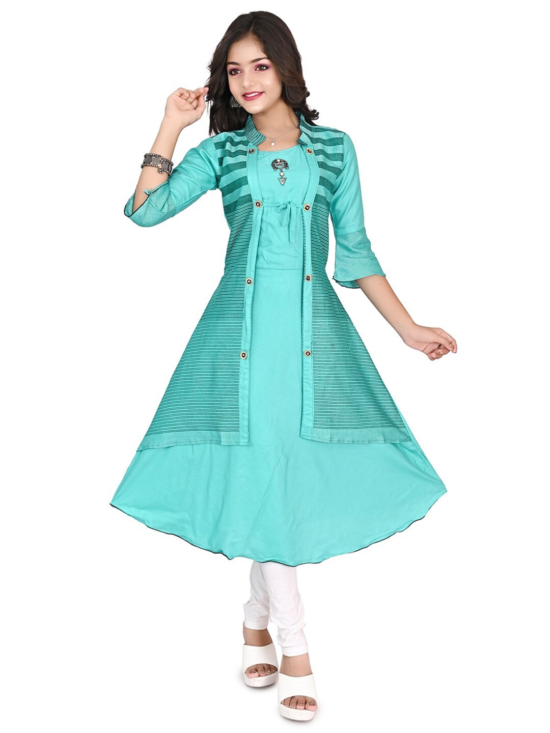 

BAESD Girls Striped Bell Sleeves A-Line Midi Dress, Turquoise blue