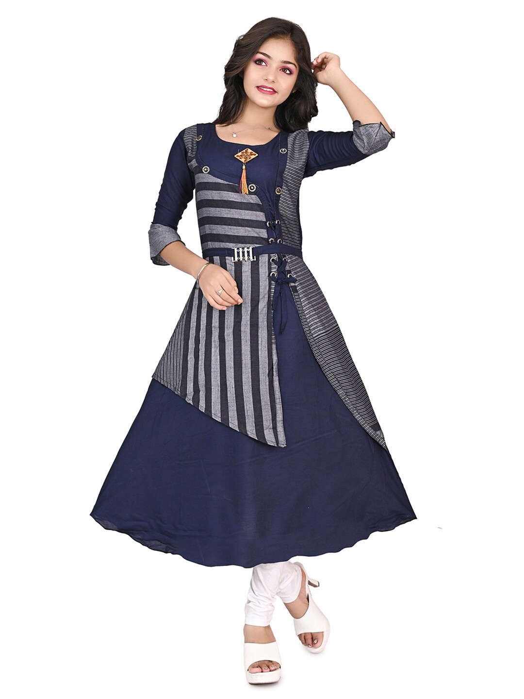 

BAESD Striped Bell Sleeves Layered A-Line Kurta, Blue