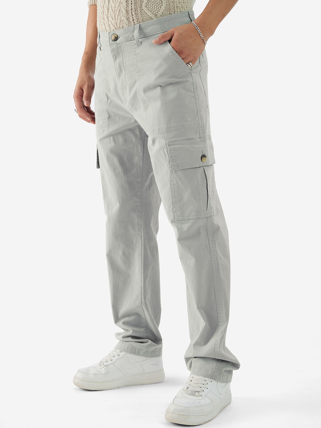 

The Souled Store Men Mid Rise Pure Cotton Cargo Trousers, Grey