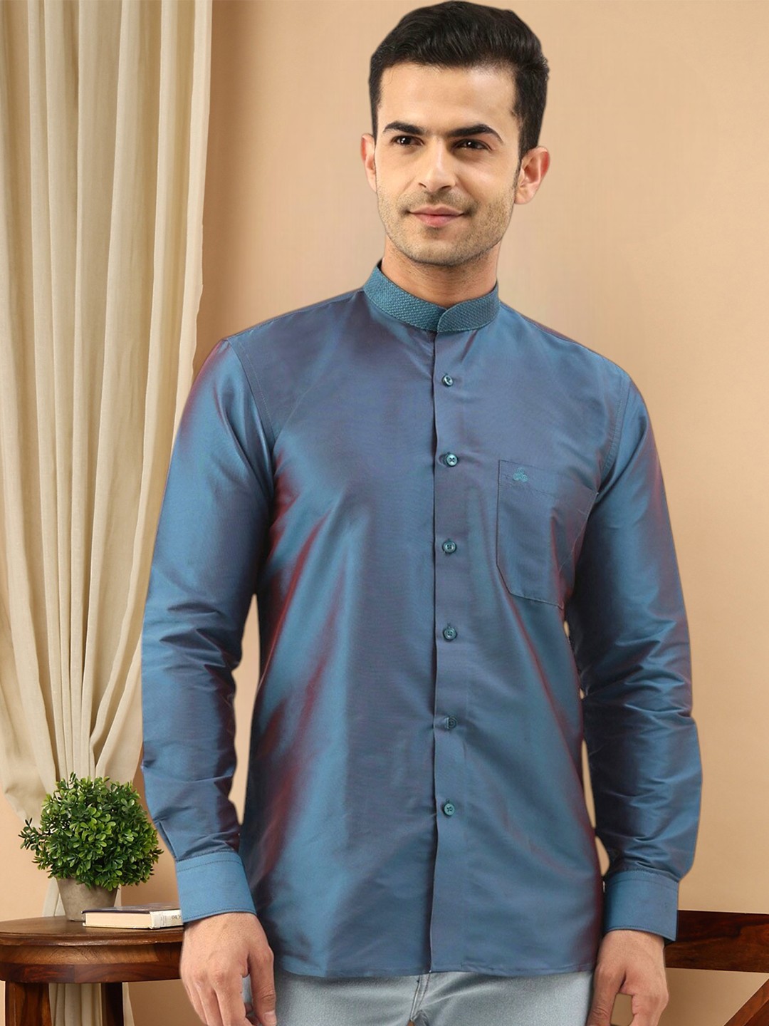

TATTVA Mandarin Collar Casual Shirt, Blue