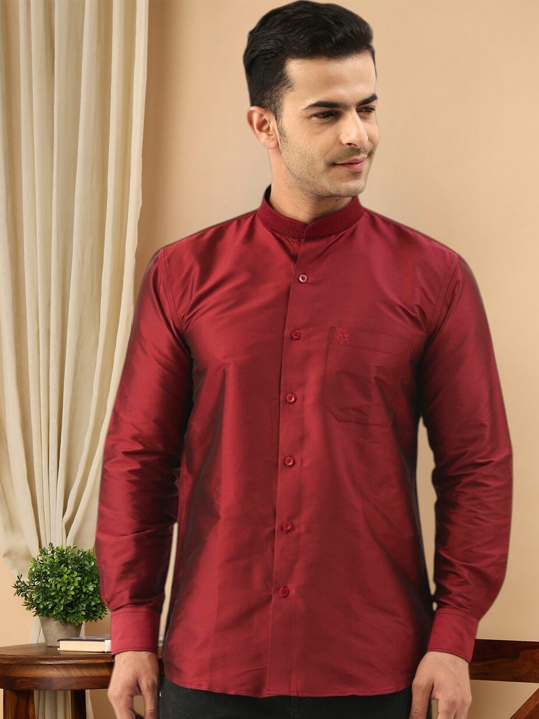 

TATTVA Mandarin Collar Casual Shirt, Maroon
