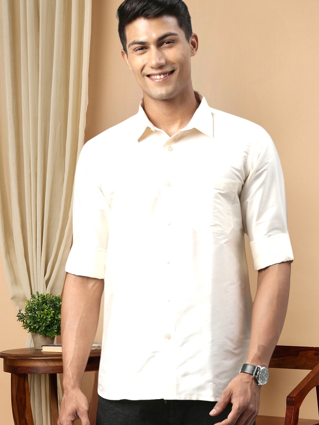 

TATTVA Spread Collar Casual Shirt, Cream