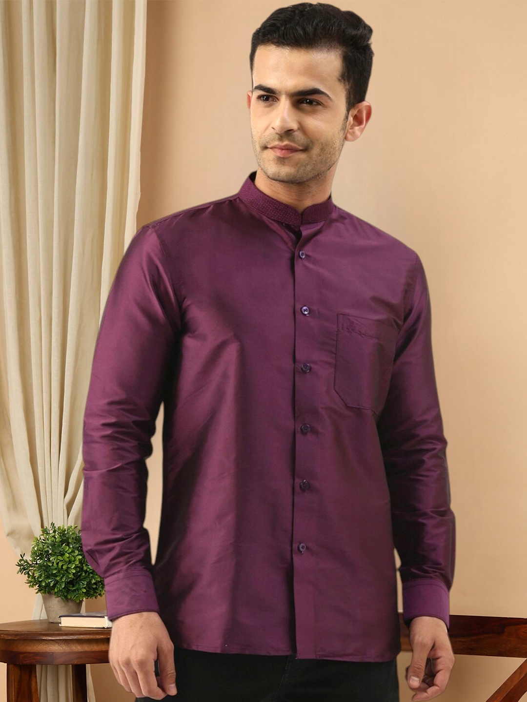 

TATTVA Mandarin Collar Casual Shirt, Purple