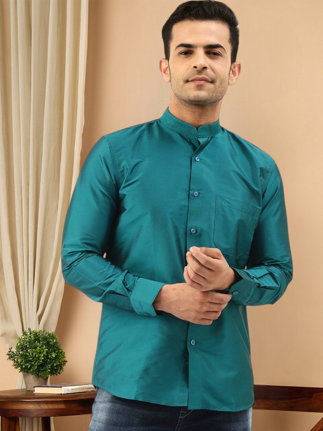 

TATTVA Mandarin Collar Casual Shirt, Blue