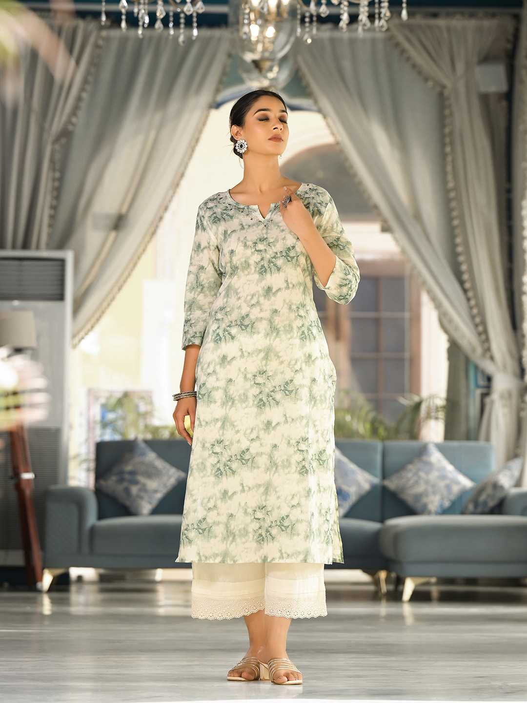 

Varanga Abstract Printed Cotton Notched Neck Beads And Stones A-Line Kurta, Sea green